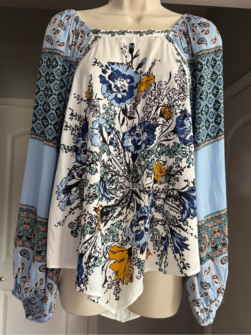 Free People Bohemian Floral Mixed Print Off Shoulder Balloon Sleeve Top XS